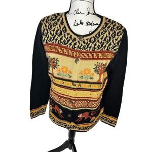 Vintage Cardigan Monkeys Floral Embroidered Wearable‎ Art Size M Ronnie Salloway